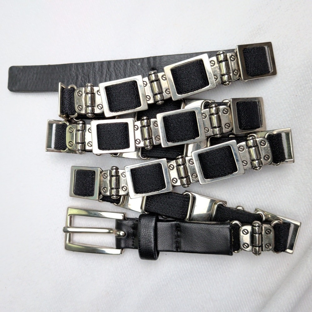 Suzi Roher Italy Black Leather Silver Metal Hinge Link Industrial Skinny Belt